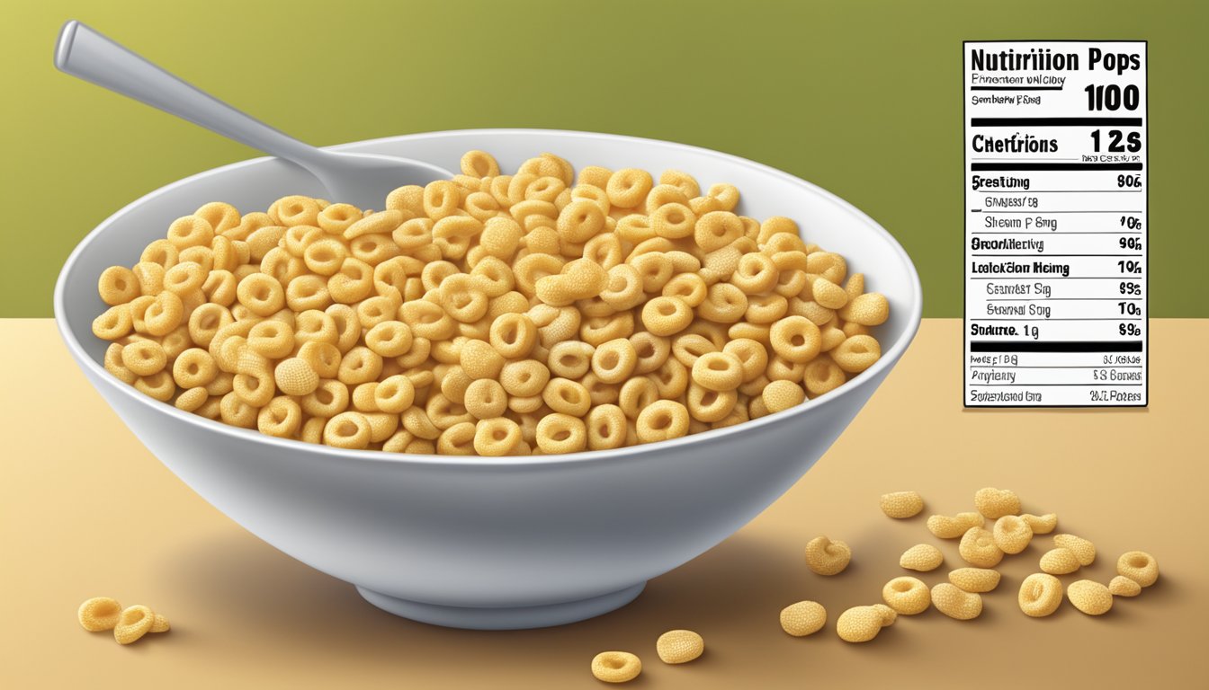 A bowl of corn pops and honey nut cheerios with nutritional labels