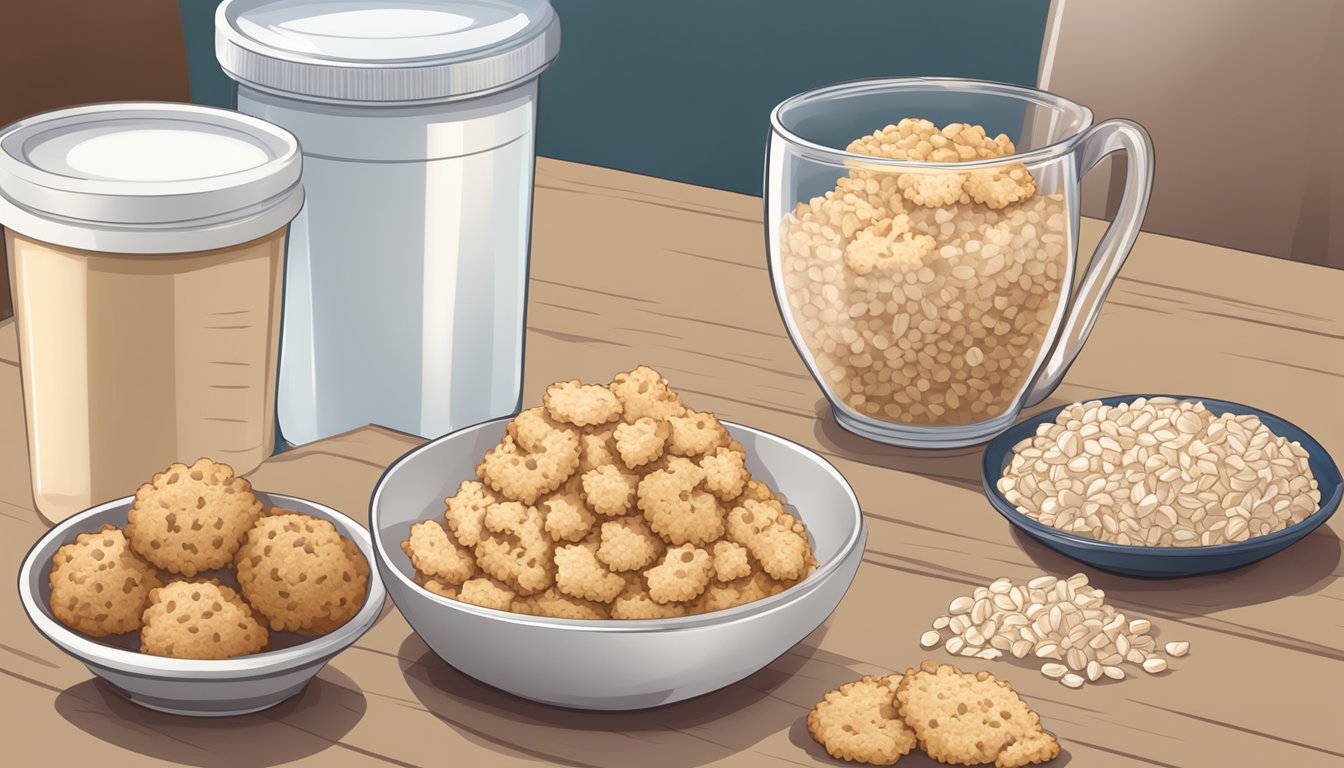 A bowl of Cookie Crisp and a bowl of Rice Krispies with a nutrition label and a doctor's recommendation on a table