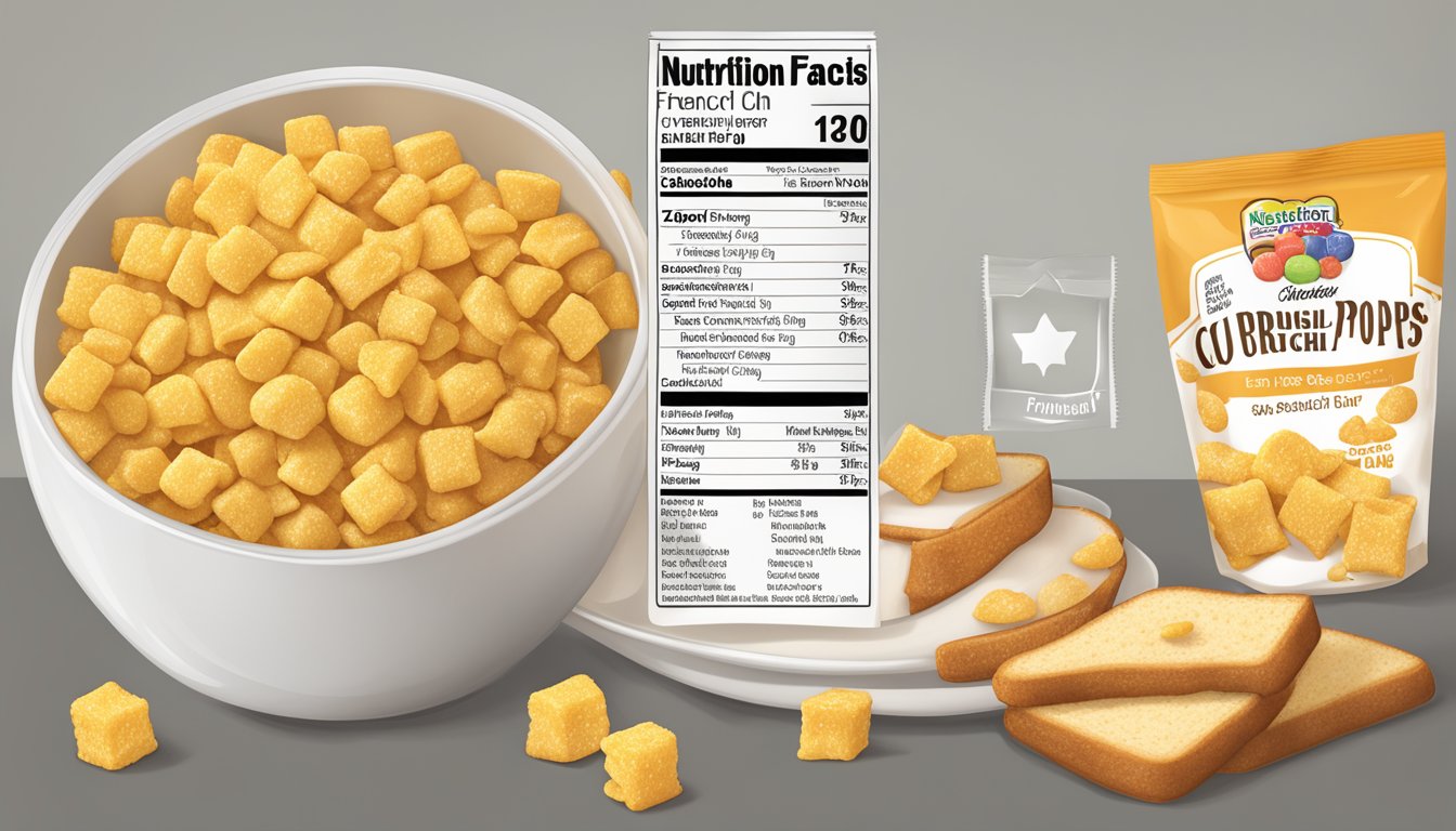 A bowl of corn pops and french toast crunch with nutrition labels