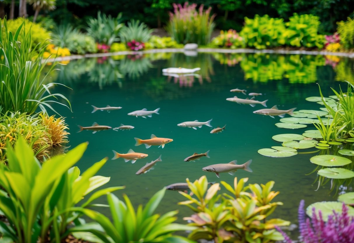 A serene pond with clear water, surrounded by lush greenery and colorful aquatic plants. A diverse array of fish and other aquatic creatures swim peacefully in the water