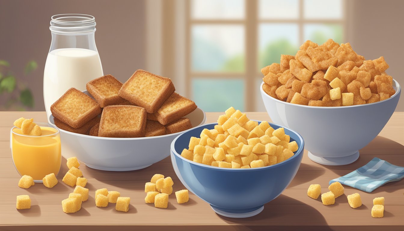 A bowl of corn pops and a bowl of French toast crunch sit side by side on a table, surrounded by various fruits and a glass of milk