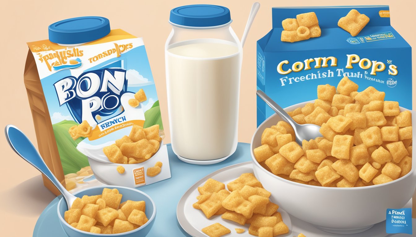 A bowl of Corn Pops and French Toast Crunch sit side by side, surrounded by a glass of milk and a spoon. Nutritional labels are visible on the cereal boxes