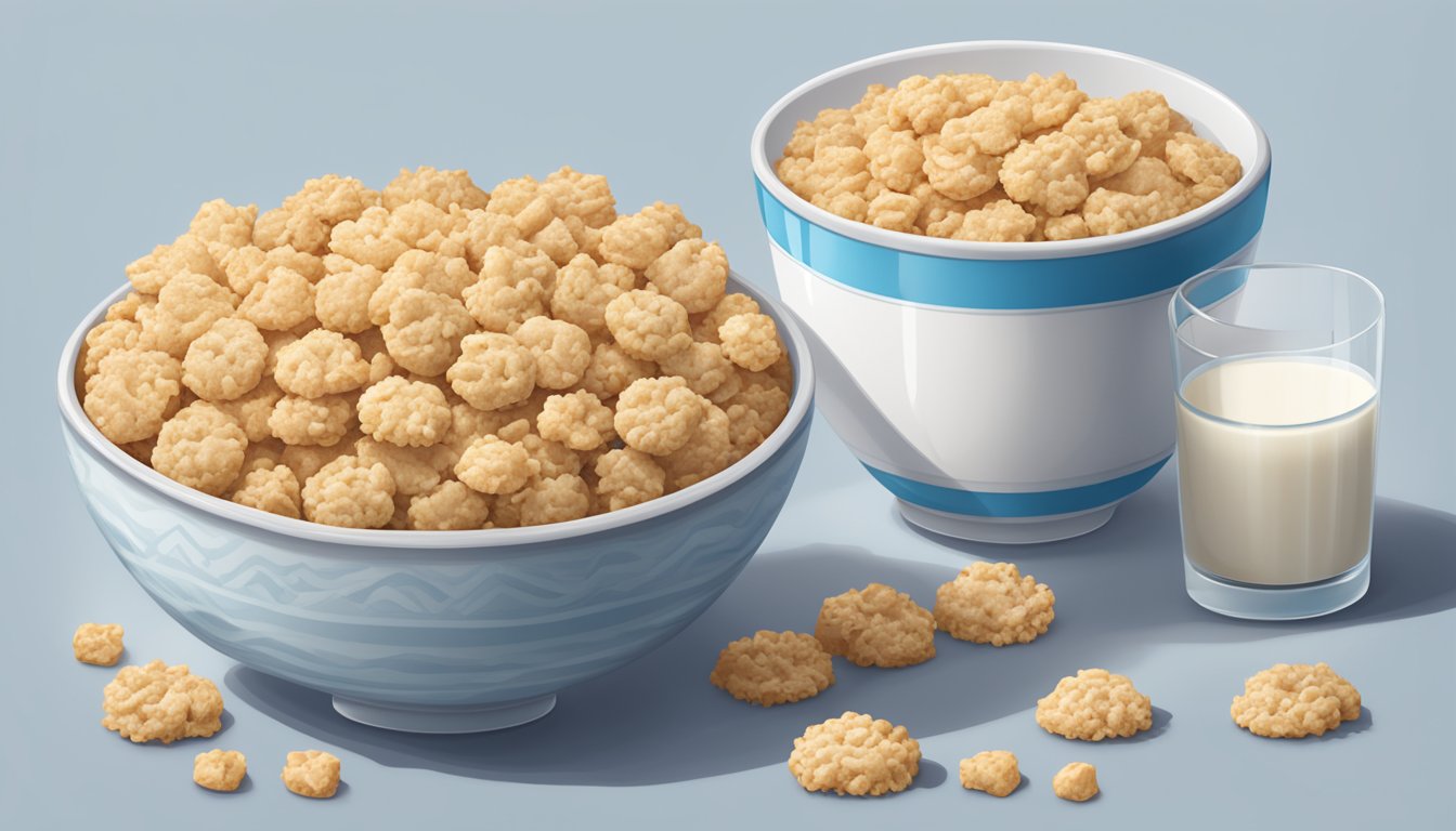 A bowl of cookie crisp and rice krispies side by side, with a glass of milk next to them. The cookie crisp is round and crunchy, while the rice krispies are thin and crispy