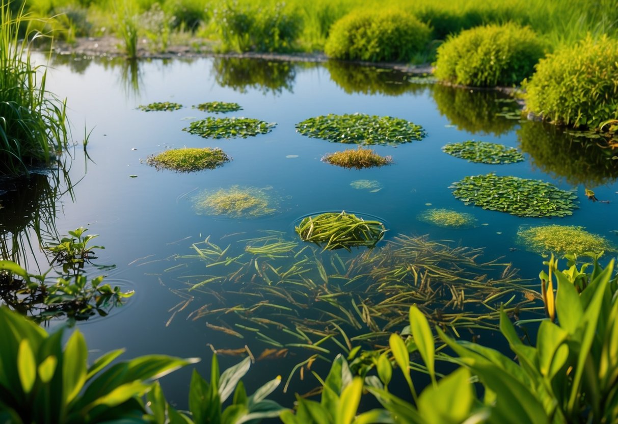 A serene pond teeming with diverse aquatic life, surrounded by lush greenery. Various types of beneficial bacteria are depicted in action, contributing to the pond's ecosystem