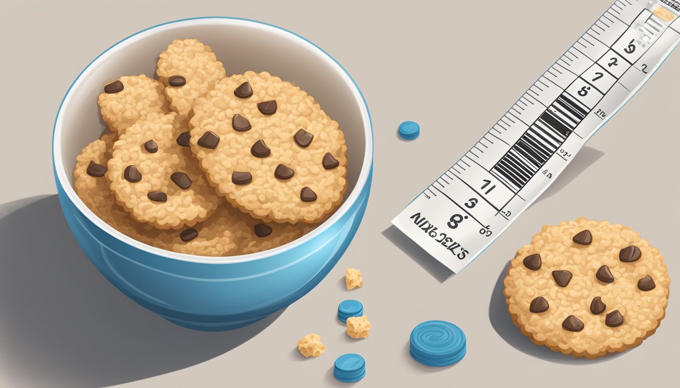 A bowl of Cookie Crisp and Rice Krispies with a measuring tape and a nutrition label