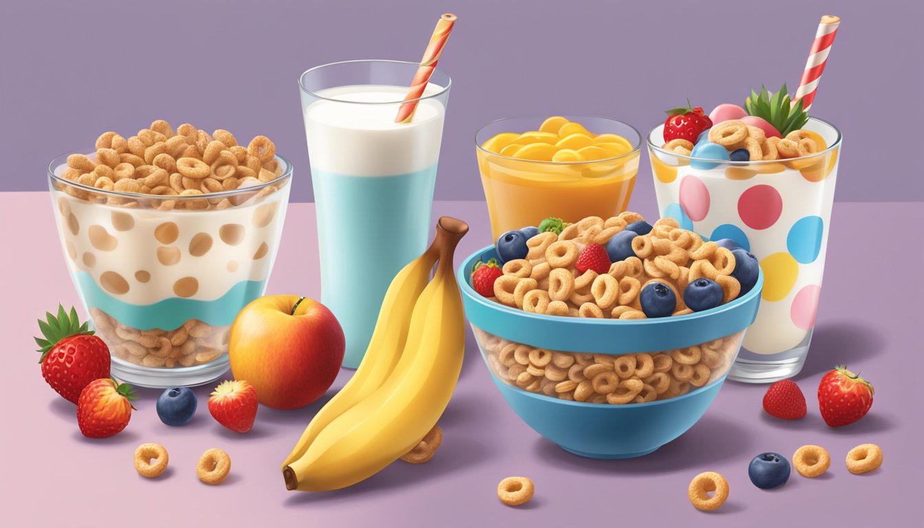 Two bowls of cereal side by side, one with honey nut cheerios and the other with kaboom, surrounded by a variety of fresh fruits and a glass of milk