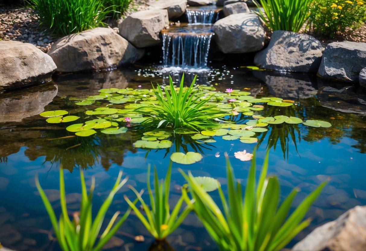 A serene pond with clear water and vibrant aquatic plants, surrounded by rocks and a small waterfall. Bacteria are being added to the pond