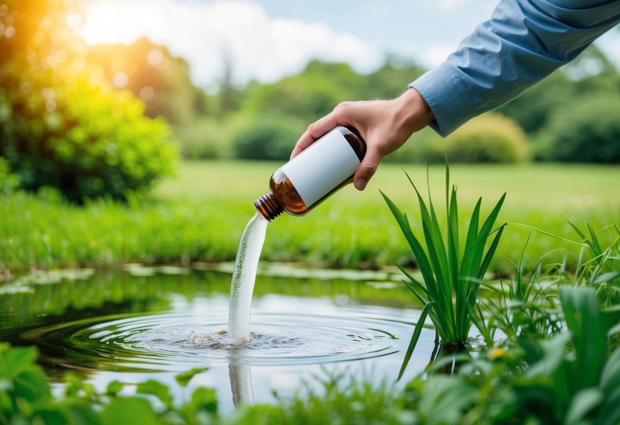 A hand pouring a bottle of bacteria into a peaceful pond surrounded by lush greenery