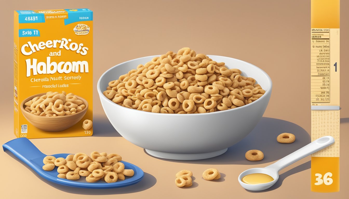 A bowl of Honey Nut Cheerios and Kaboom cereal next to each other, surrounded by scattered oats and grains, with a measuring tape and nutrition label in the background