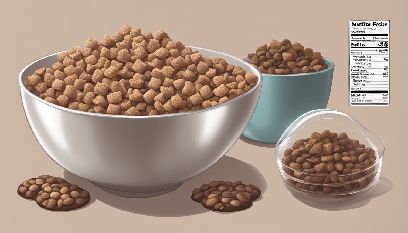 A bowl of Cocoa Krispies and Cookie Crisp side by side with nutrition labels next to each