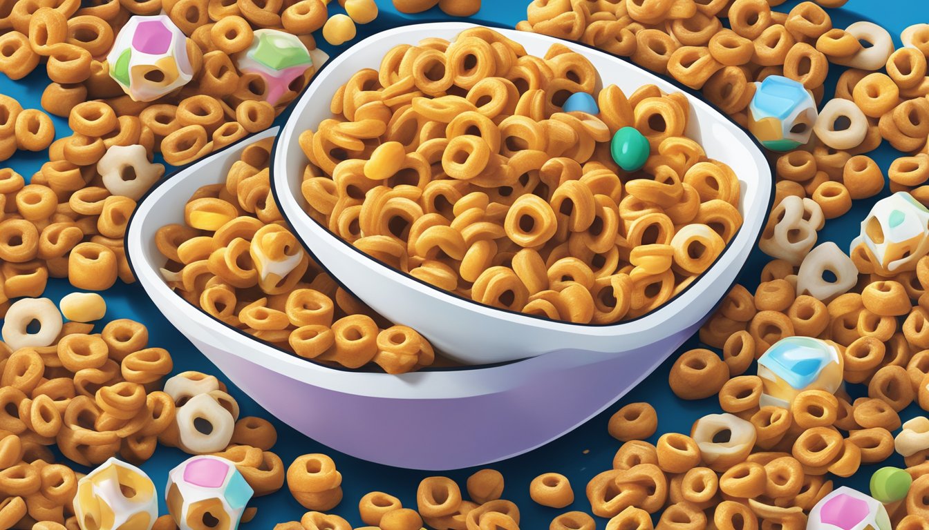 A bowl of honey nut cheerios and kaboom cereal next to each other, surrounded by images of honey and nuts for the former and colorful explosions for the latter