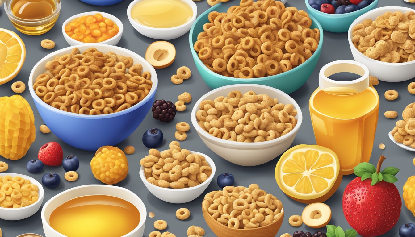 A bowl of Honey Nut Cheerios and Kaboom cereal surrounded by various fruits and a measuring tape