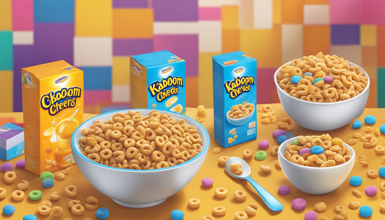 A bowl of honey nut cheerios and kaboom cereal side by side, with a glass of milk and a spoon, surrounded by colorful cereal boxes