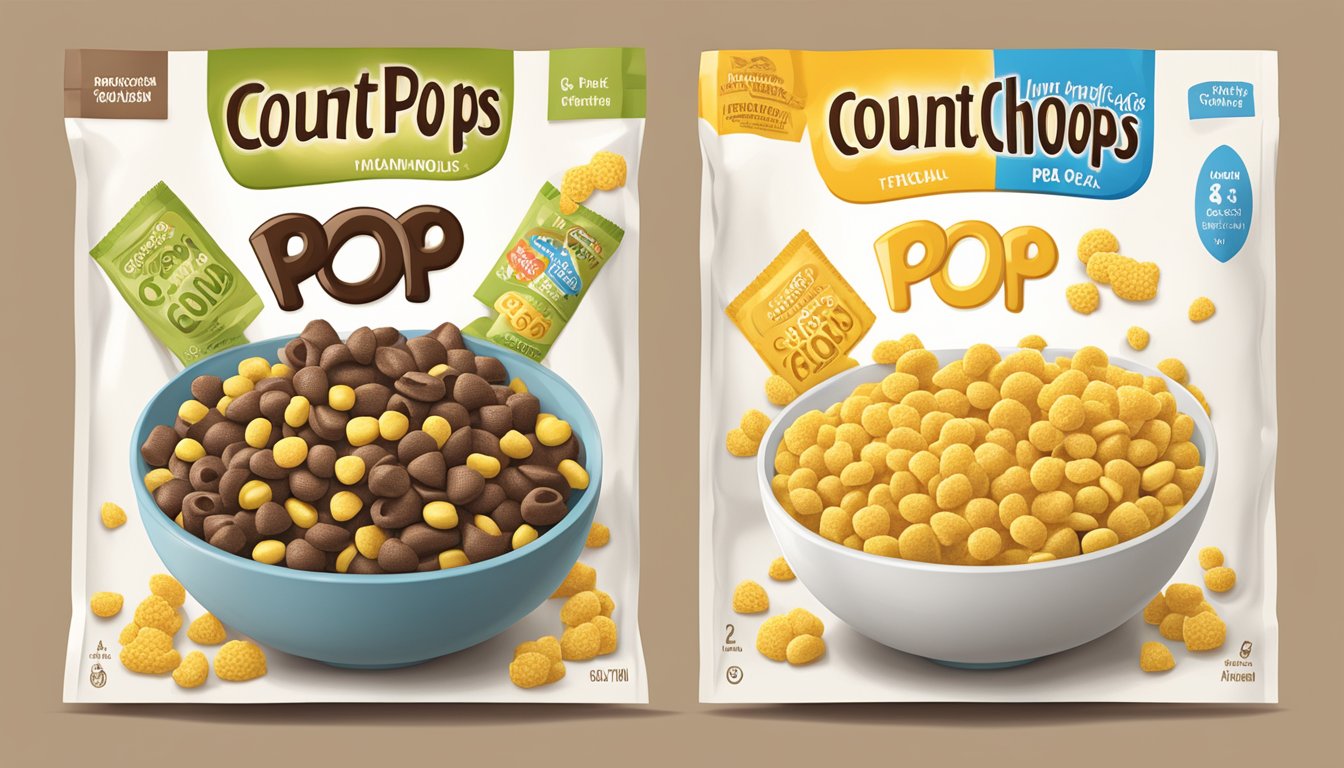 A bowl of corn pops and a bowl of Count Chocula cereal with nutritional labels displayed next to each other