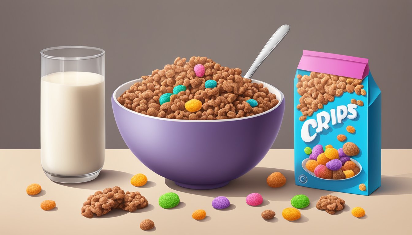 A bowl of Cocoa Krispies and Cookie Crisp surrounded by colorful cereal boxes, with a spoon and milk