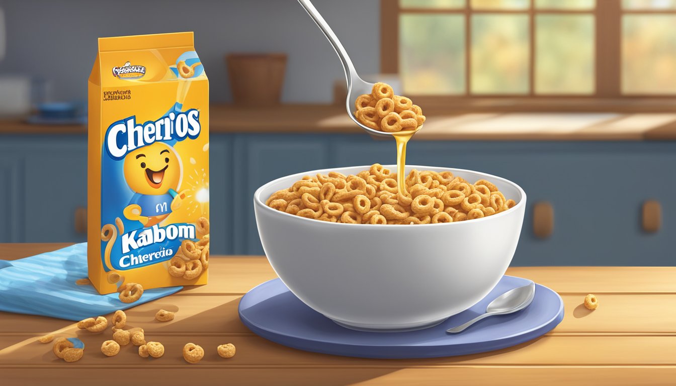 A bowl of Honey Nut Cheerios and Kaboom cereal with a spoon on a wooden table. A glass of milk sits next to the bowl