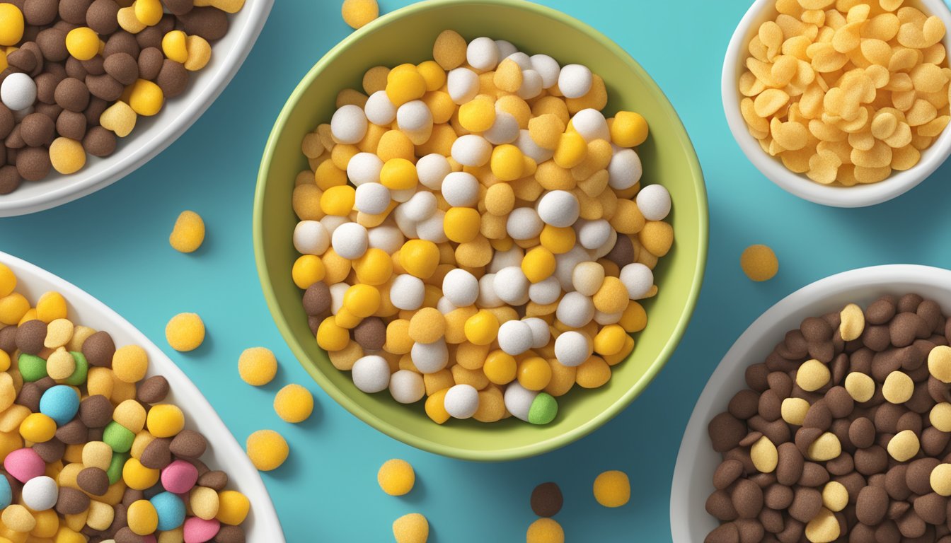 A bowl of corn pops and a bowl of count chocula next to each other, with a nutrition label beside each, surrounded by scattered cereal pieces