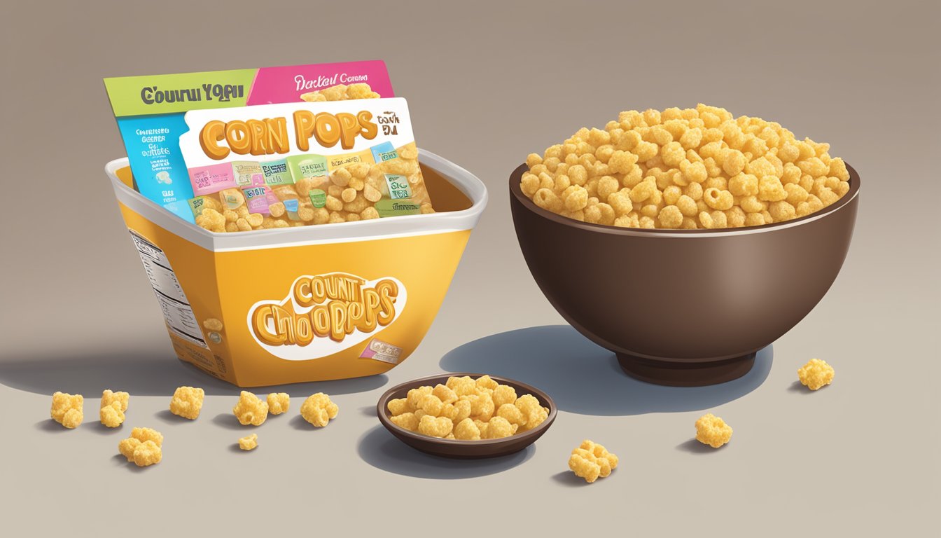 A bowl of corn pops and a bowl of Count Chocula cereal sit side by side on a table, surrounded by nutritional information labels and a tape measure