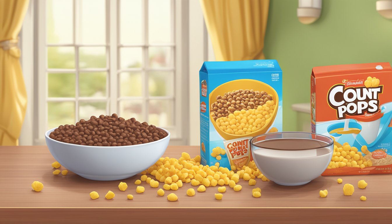 A bowl of Corn Pops and a bowl of Count Chocula sit side by side on a breakfast table, with a glass of milk nearby