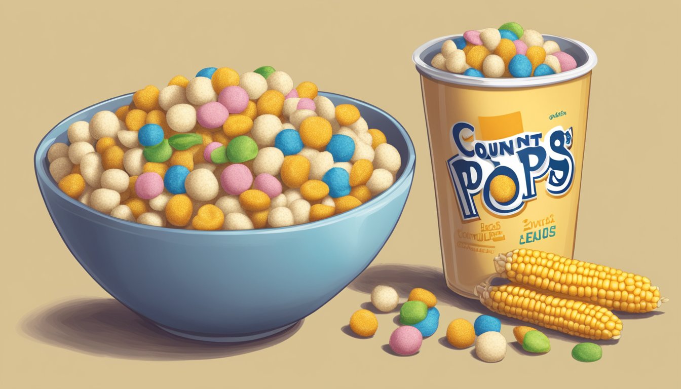 A bowl of Corn Pops and a bowl of Count Chocula sit side by side, surrounded by nutritional labels and a measuring tape