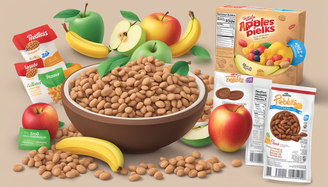 A bowl of cocoa pebbles and a bowl of Kellogg's Apple Jacks surrounded by various fruits and nutritional information labels