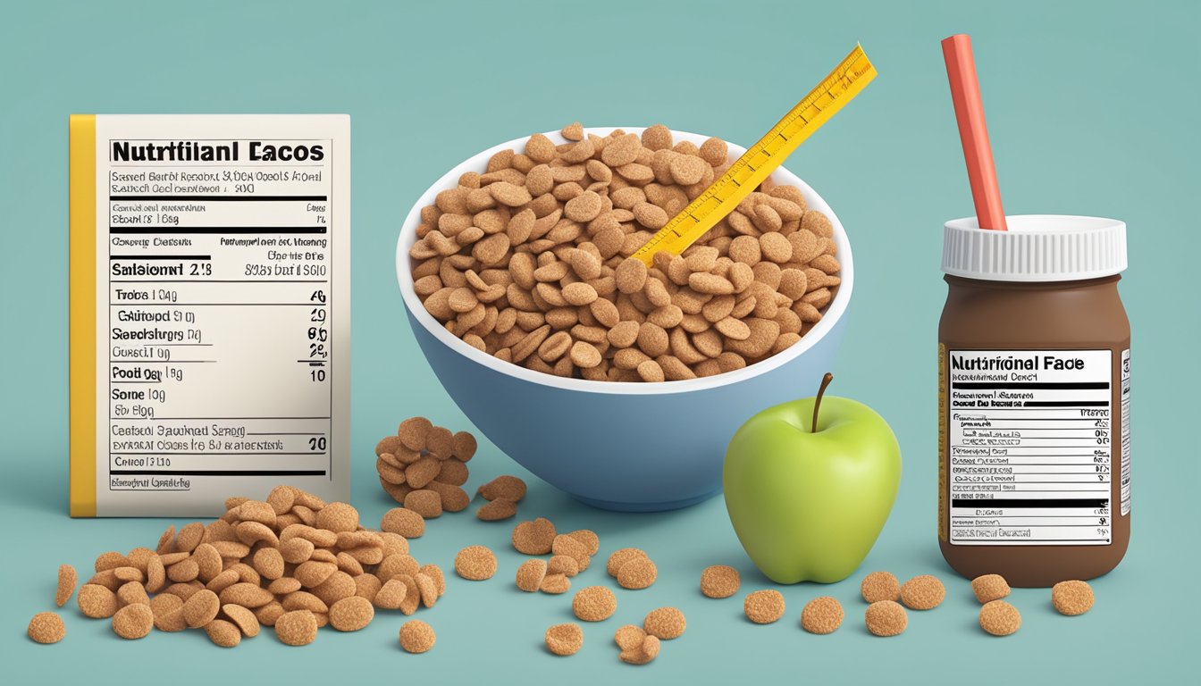 A bowl of cocoa pebbles and a bowl of apple jacks surrounded by nutritional information labels and a measuring tape