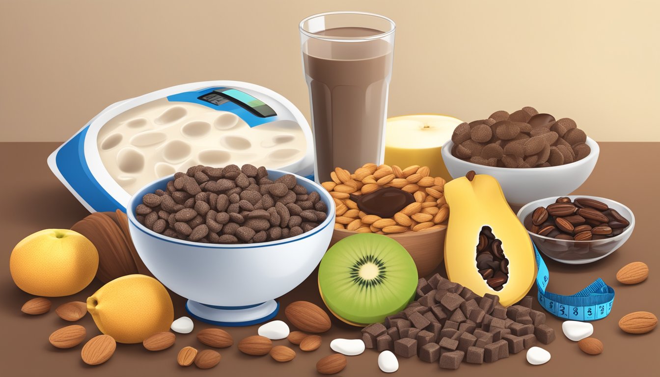 A bowl of cocoa pebbles and oreo os surrounded by fruits, nuts, and milk, with a measuring tape and a nutrition guide in the background