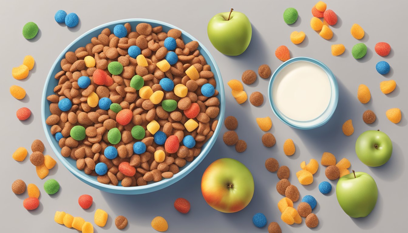 A bowl of Cocoa Pebbles and Kellogg's Apple Jacks side by side, surrounded by various fruits and a glass of milk