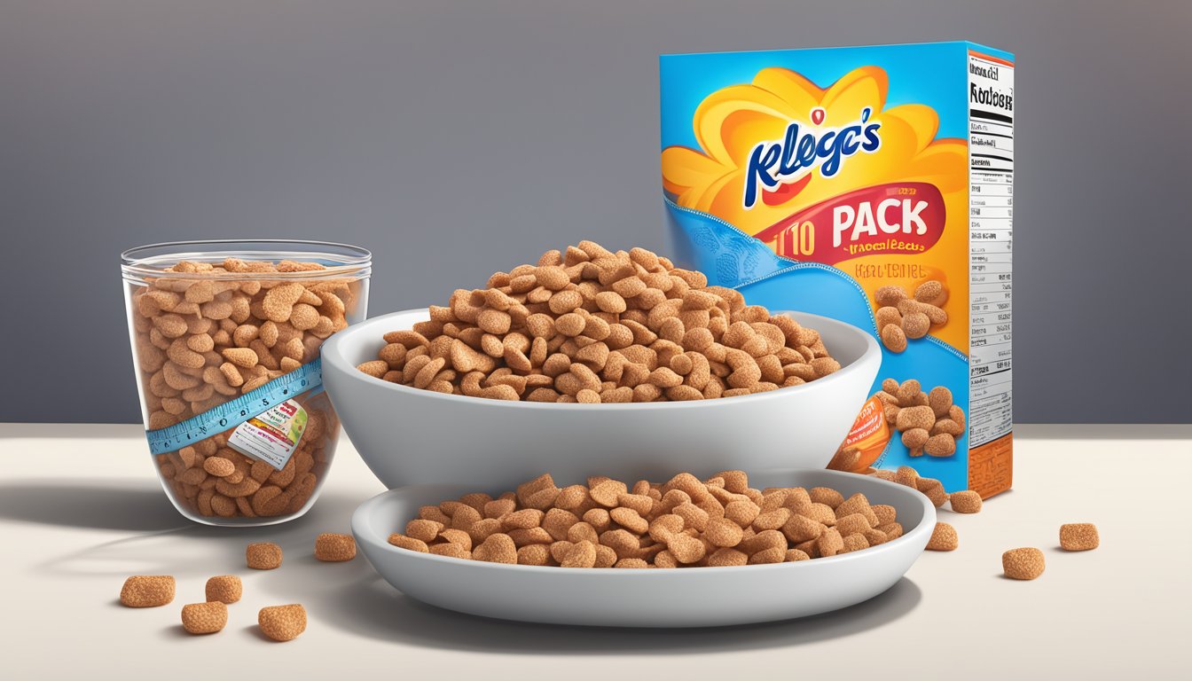 A bowl of cocoa pebbles and a bowl of Kellogg's Apple Jacks next to each other, with a measuring tape and a nutrition label in the background