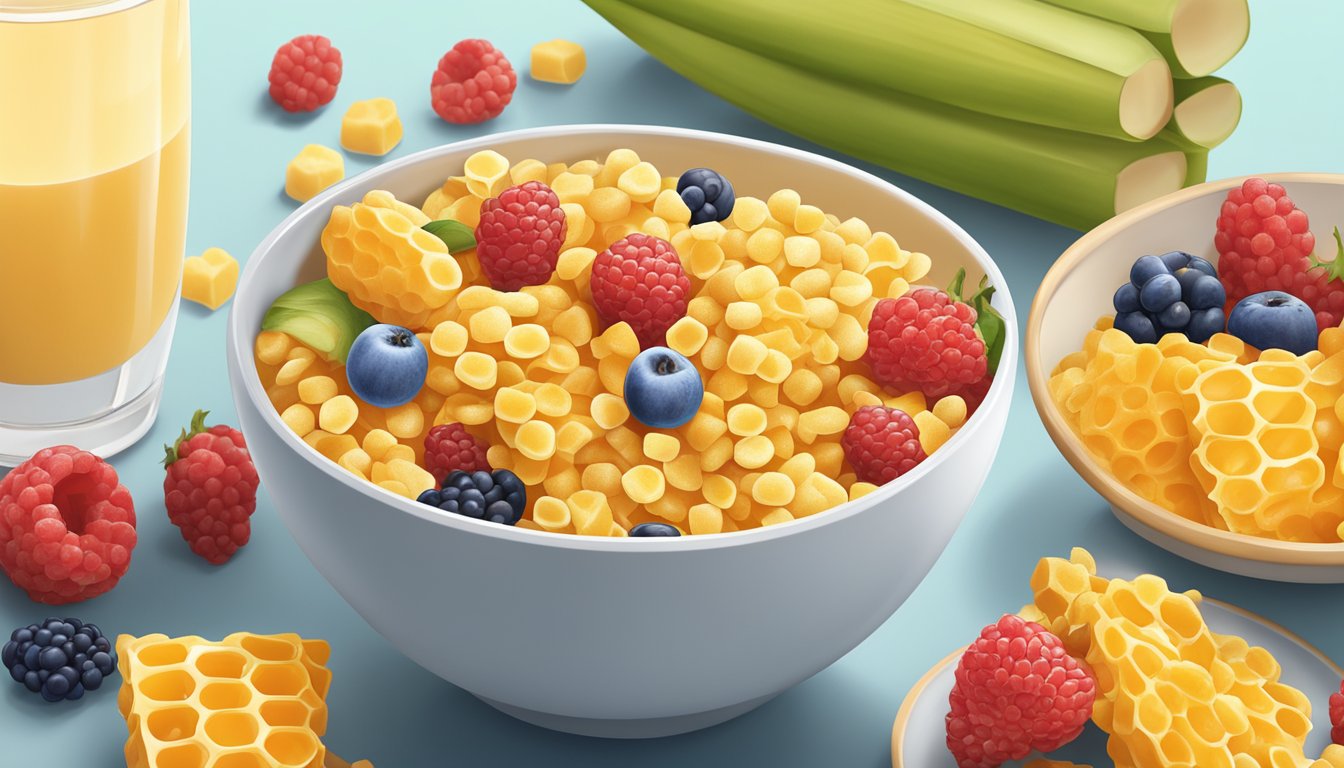 A bowl of Corn Pops and Honeycomb Cereals side by side, surrounded by a variety of fresh fruits and a glass of milk