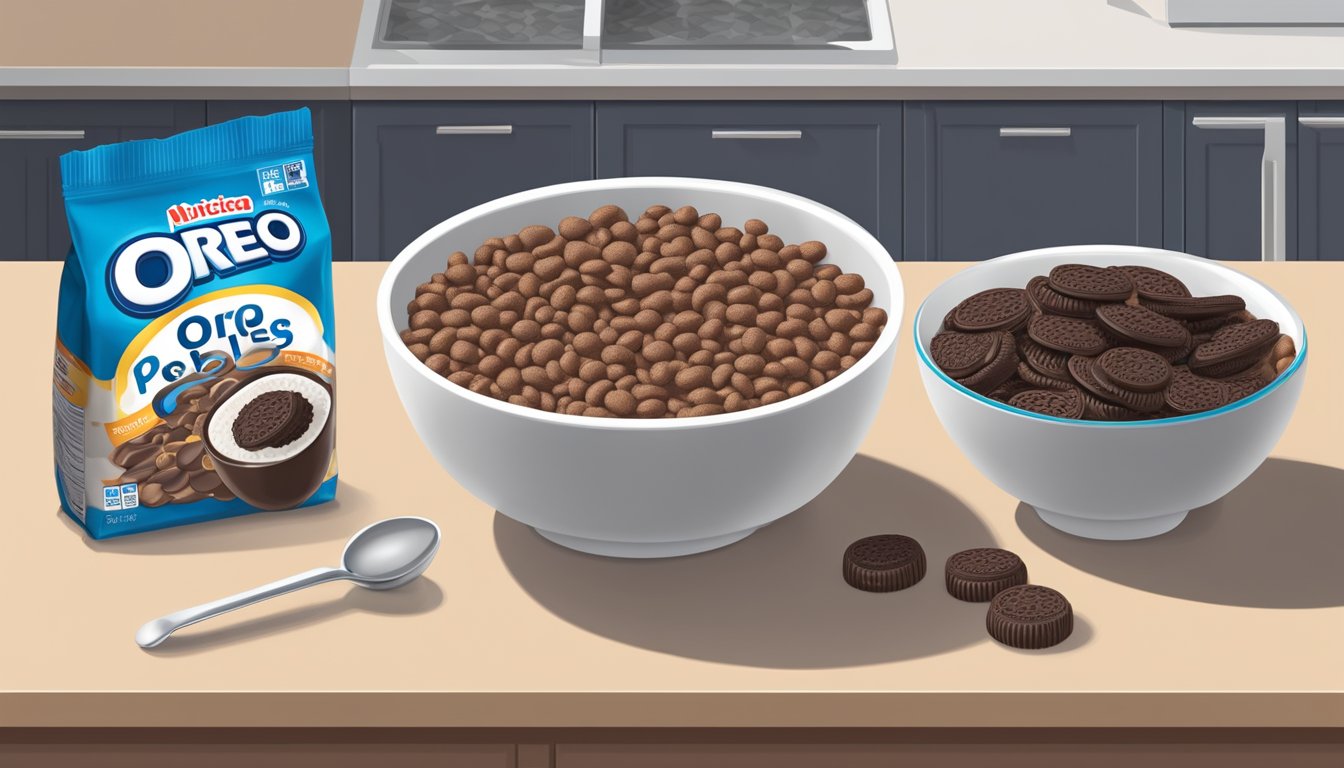 A bowl of cocoa pebbles and a bowl of Oreo O's sit side by side on a kitchen counter, surrounded by measuring spoons and a nutrition label