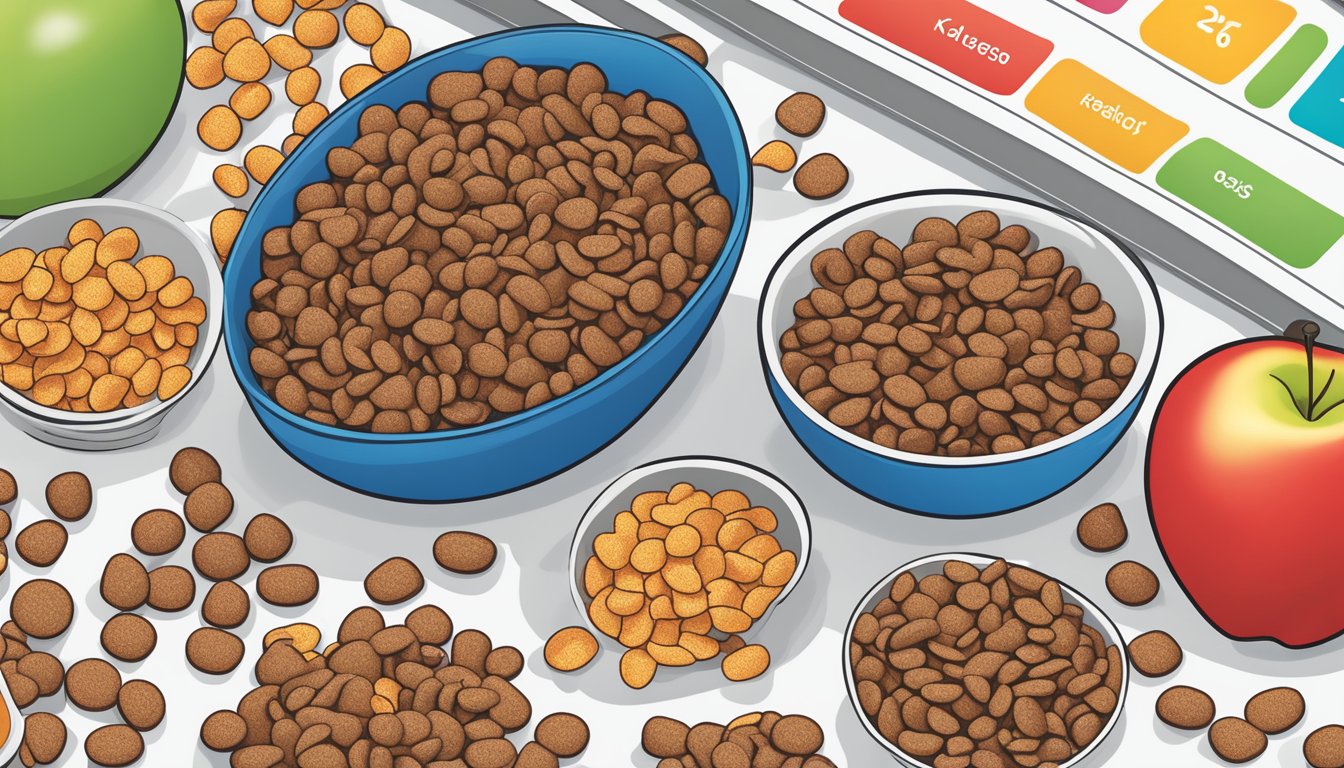 A bowl of cocoa pebbles and a bowl of Kellogg's Apple Jacks surrounded by nutritional labels and a scale