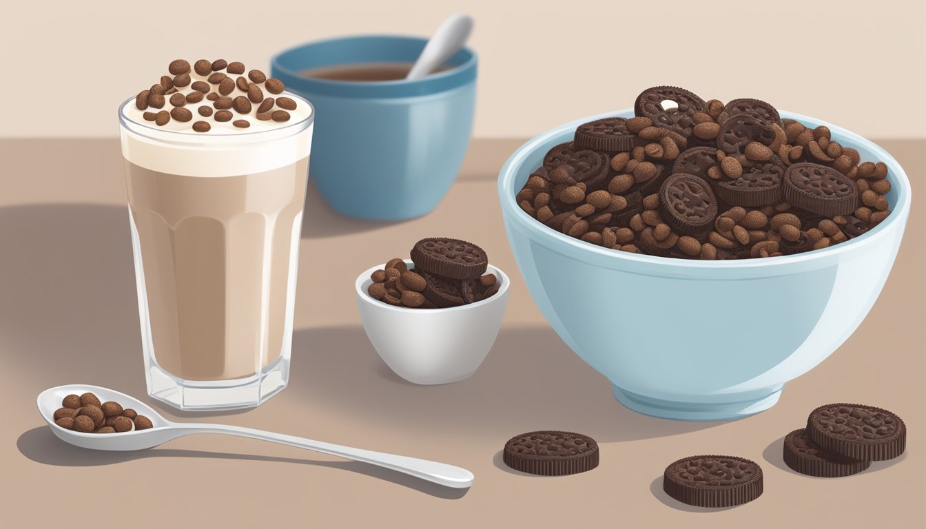 A bowl of Cocoa Pebbles and Oreo O's sit side by side on a table, surrounded by a glass of milk and a spoon