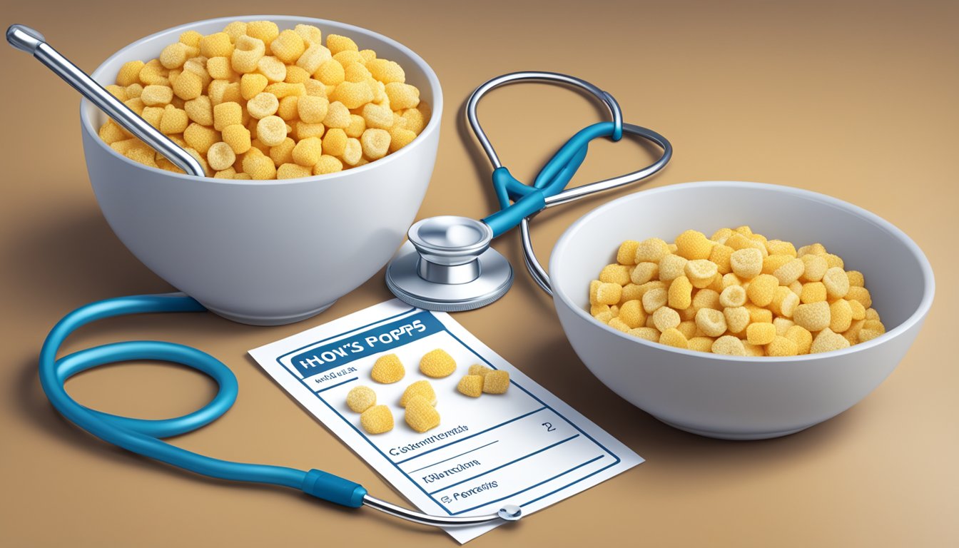 A bowl of corn pops and honeycomb cereal next to each other, with a nutrition label and a doctor's stethoscope in the background