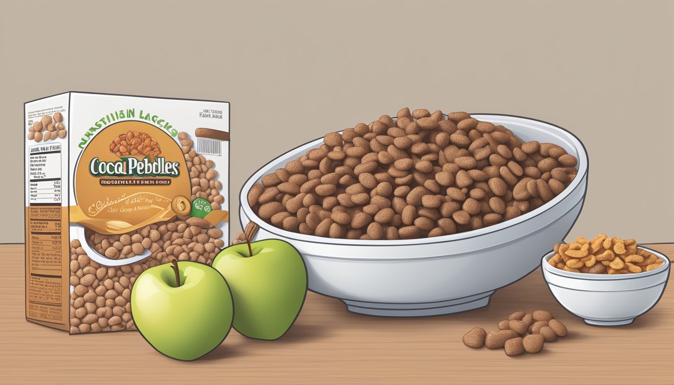 A bowl of cocoa pebbles and a bowl of apple jacks with nutritional labels displayed next to each other