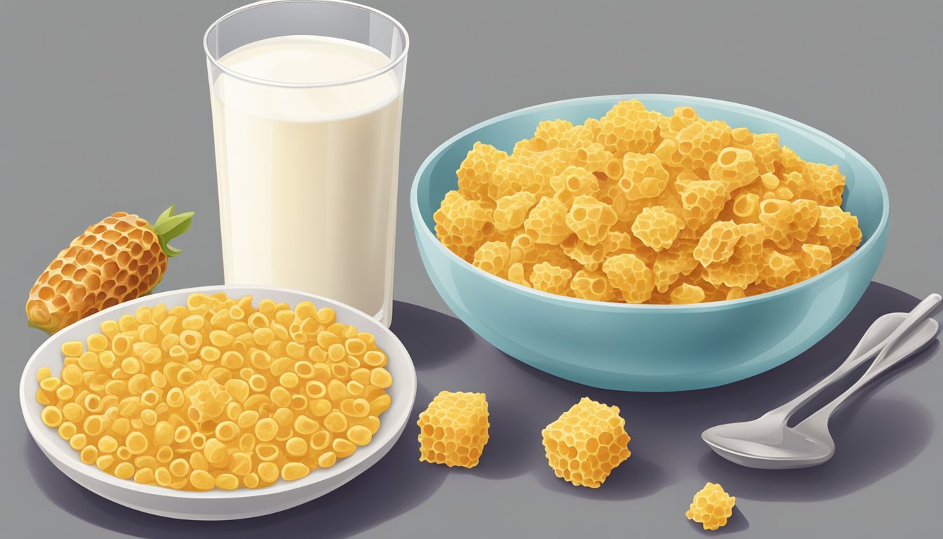 A bowl of corn pops and a bowl of honeycomb cereal sit side by side on a table, surrounded by fresh fruits and a glass of milk