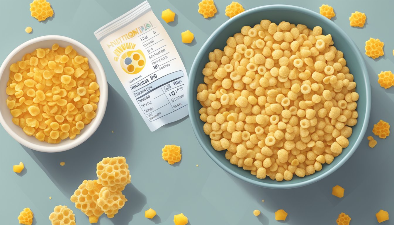 A bowl of corn pops and honeycomb cereal next to a nutrition label