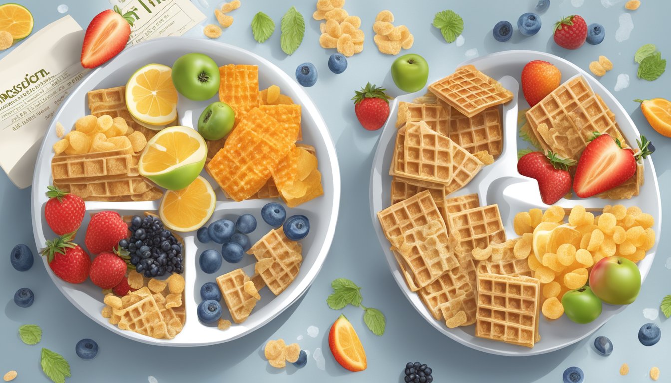 A comparison scene of frosted flakes and waffle crisp cereal boxes surrounded by nutritional information and various fruits and vegetables for health considerations