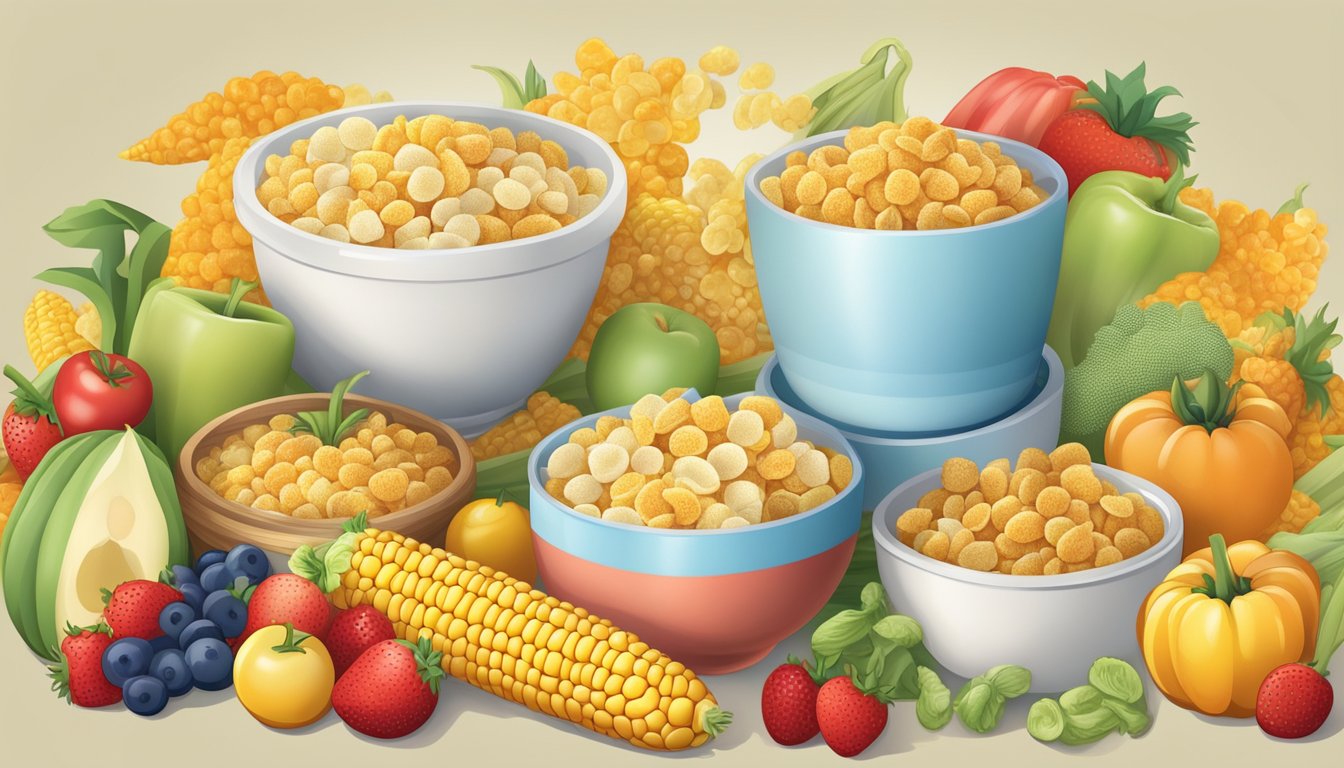 A colorful bowl of corn pops and frosted flakes surrounded by various fruits and vegetables, with a focus on the nutritional information labels