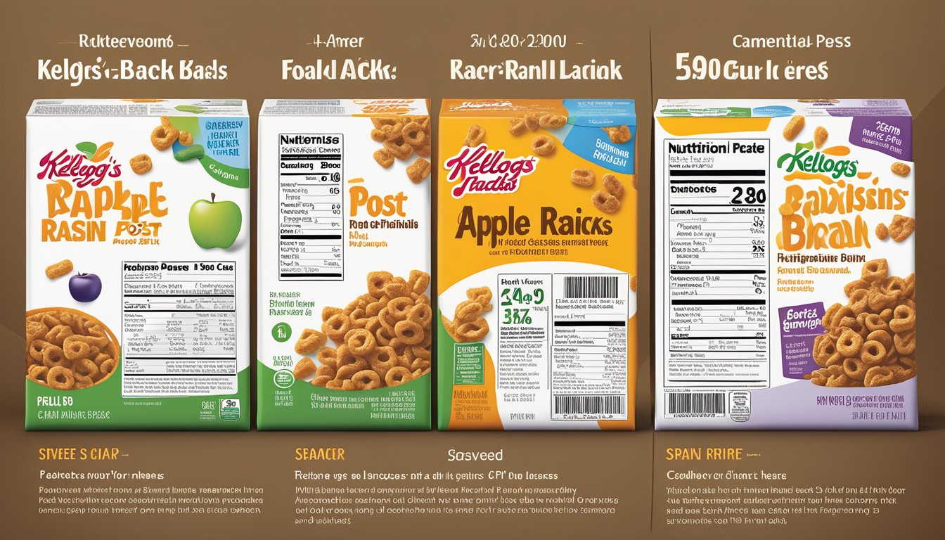 A comparison of Kellogg's Apple Jacks and Post Raisin Bran cereal boxes with nutritional information displayed