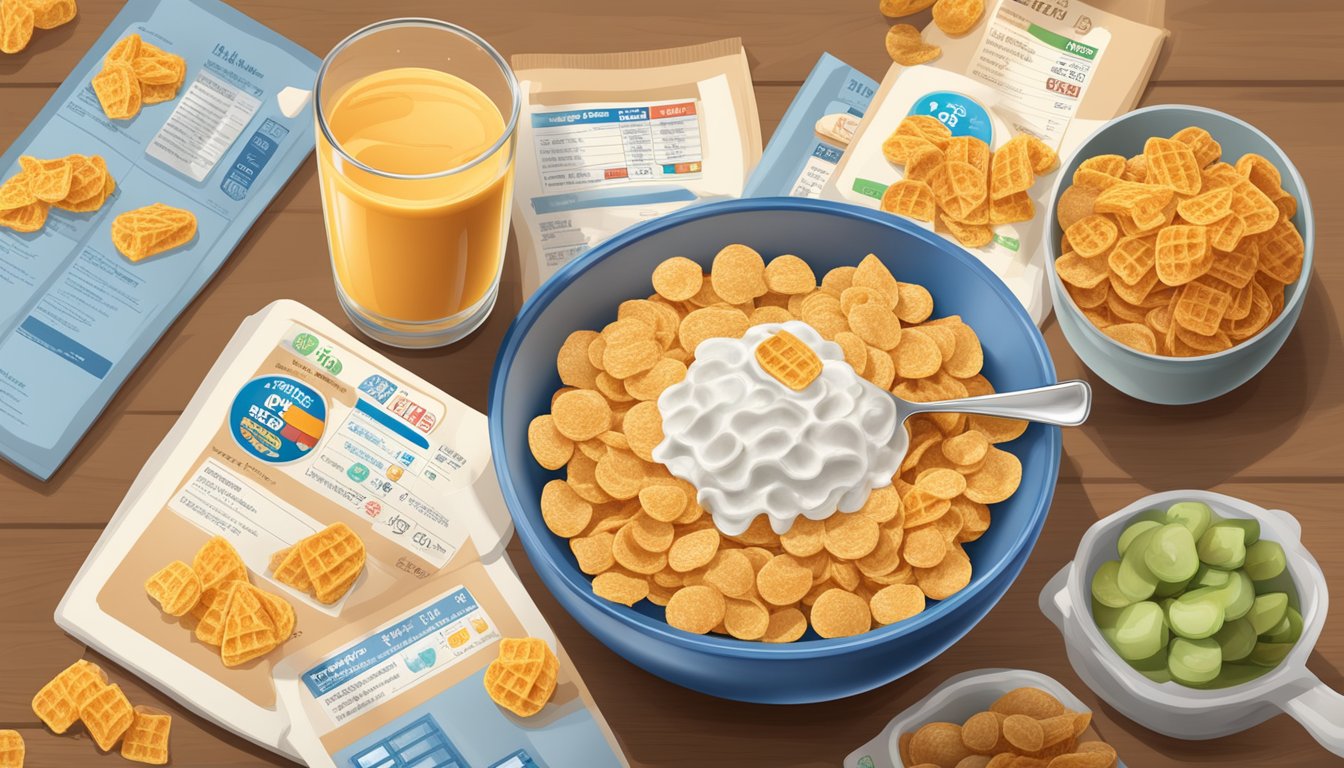 A bowl of frosted flakes and waffle crisp surrounded by nutritional labels and a scale