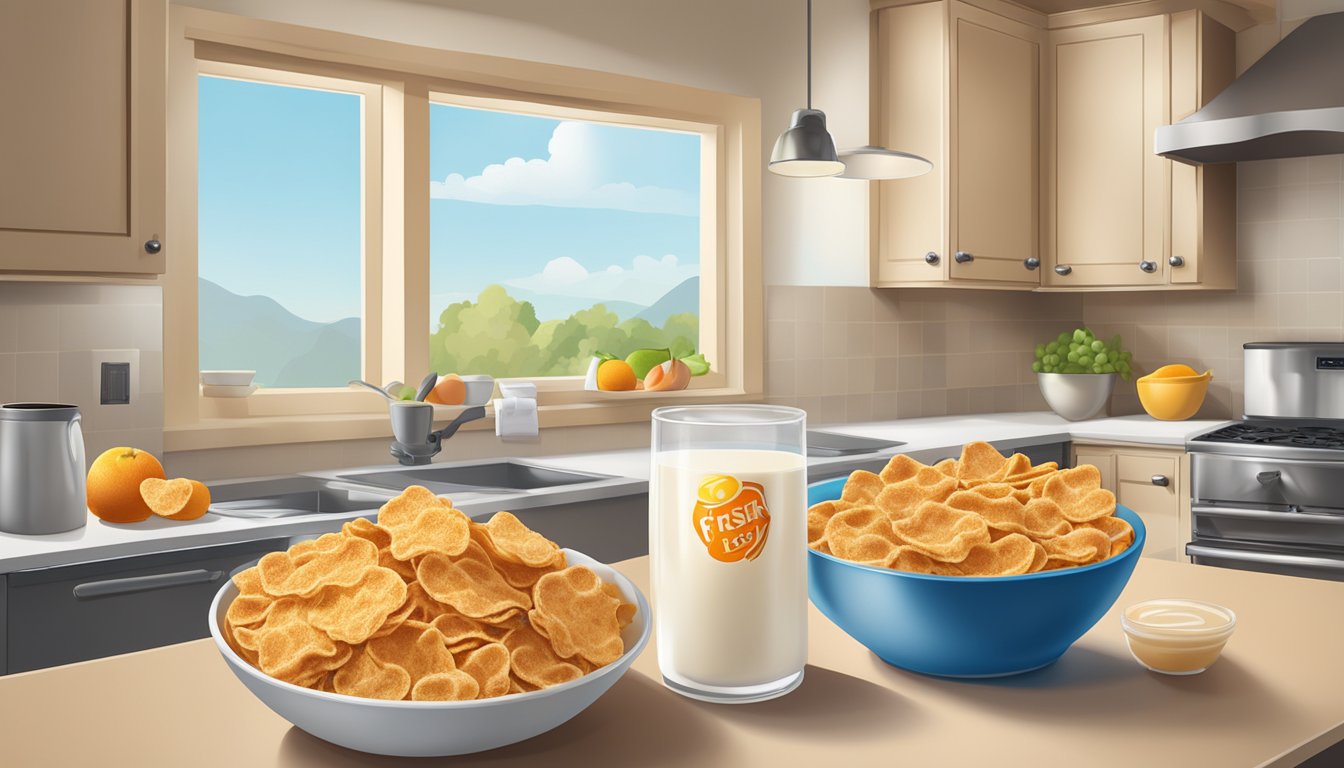 A bowl of frosted flakes and a bowl of waffle crisp on a kitchen table, surrounded by fresh fruits and a carton of milk