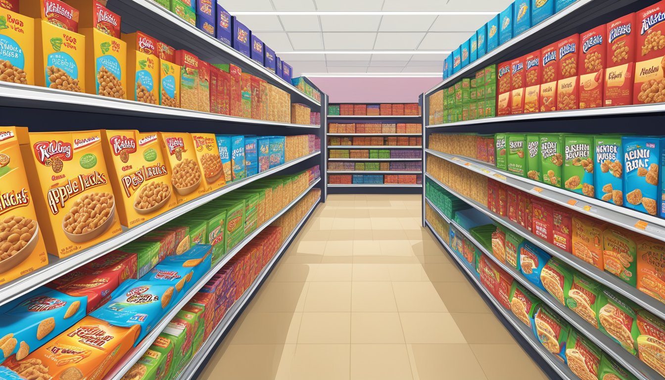 A colorful cereal aisle with Kellogg's Apple Jacks and Post Raisin Bran boxes displayed