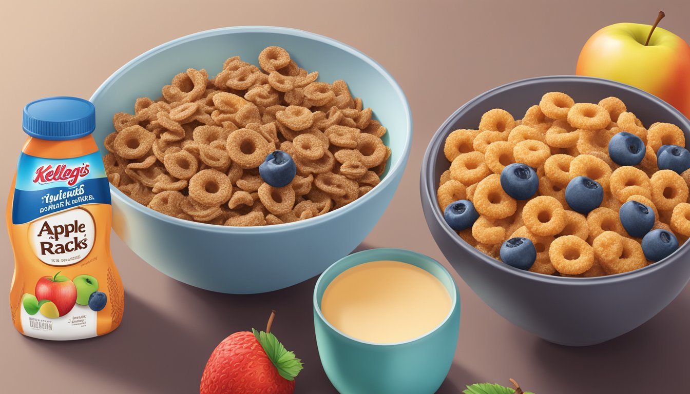 A bowl of Kellogg's Apple Jacks and a bowl of Post Raisin Bran cereal sit side by side on a table, surrounded by fresh fruit and a glass of milk