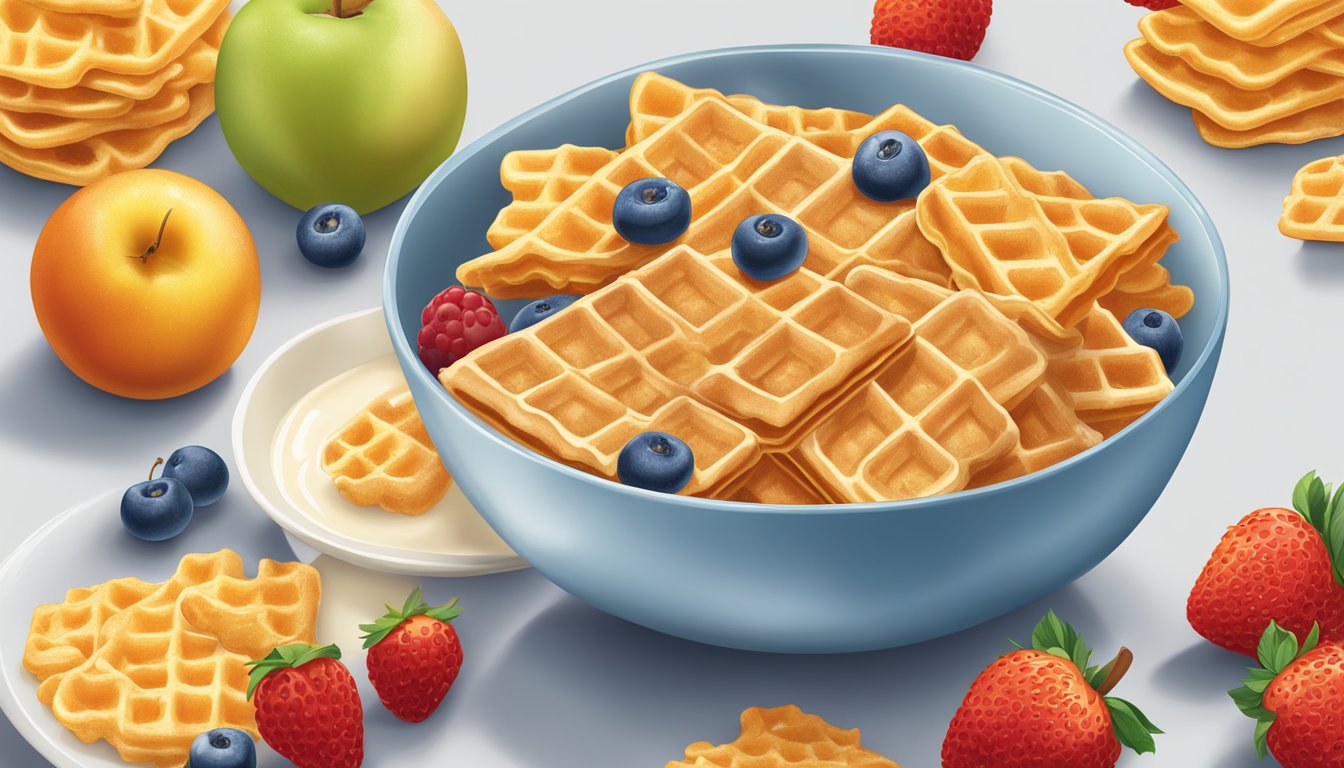 A bowl of frosted flakes and waffle crisp next to each other, surrounded by a variety of fresh fruits and a glass of milk