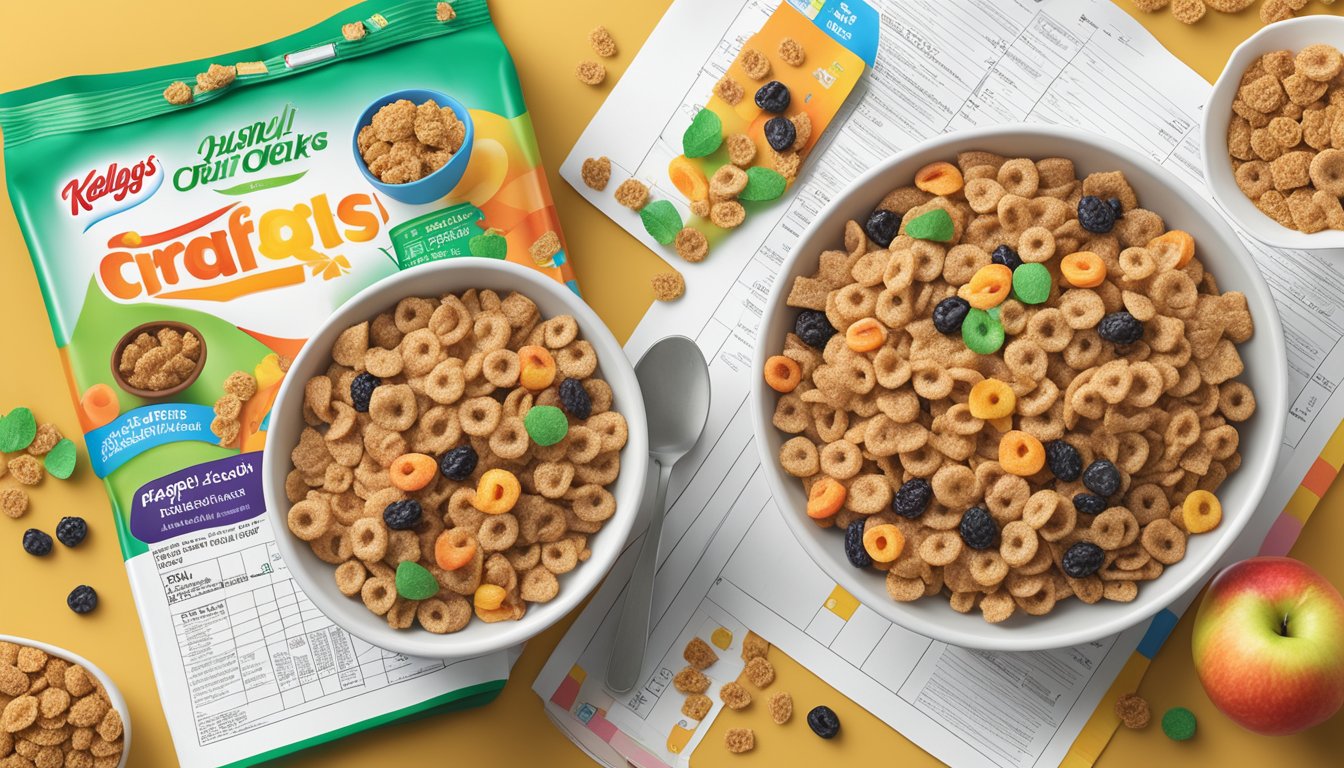 A bowl of Kellogg's Apple Jacks and a bowl of Post Raisin Bran cereal, surrounded by nutritional information and consumer ratings