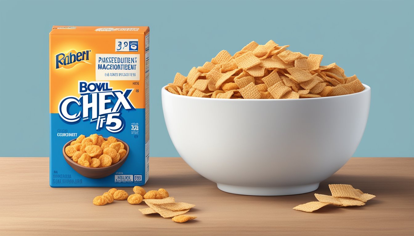 A bowl of chex and frosted flakes side by side, with a nutrition label next to each, showcasing the macronutrient content for comparison