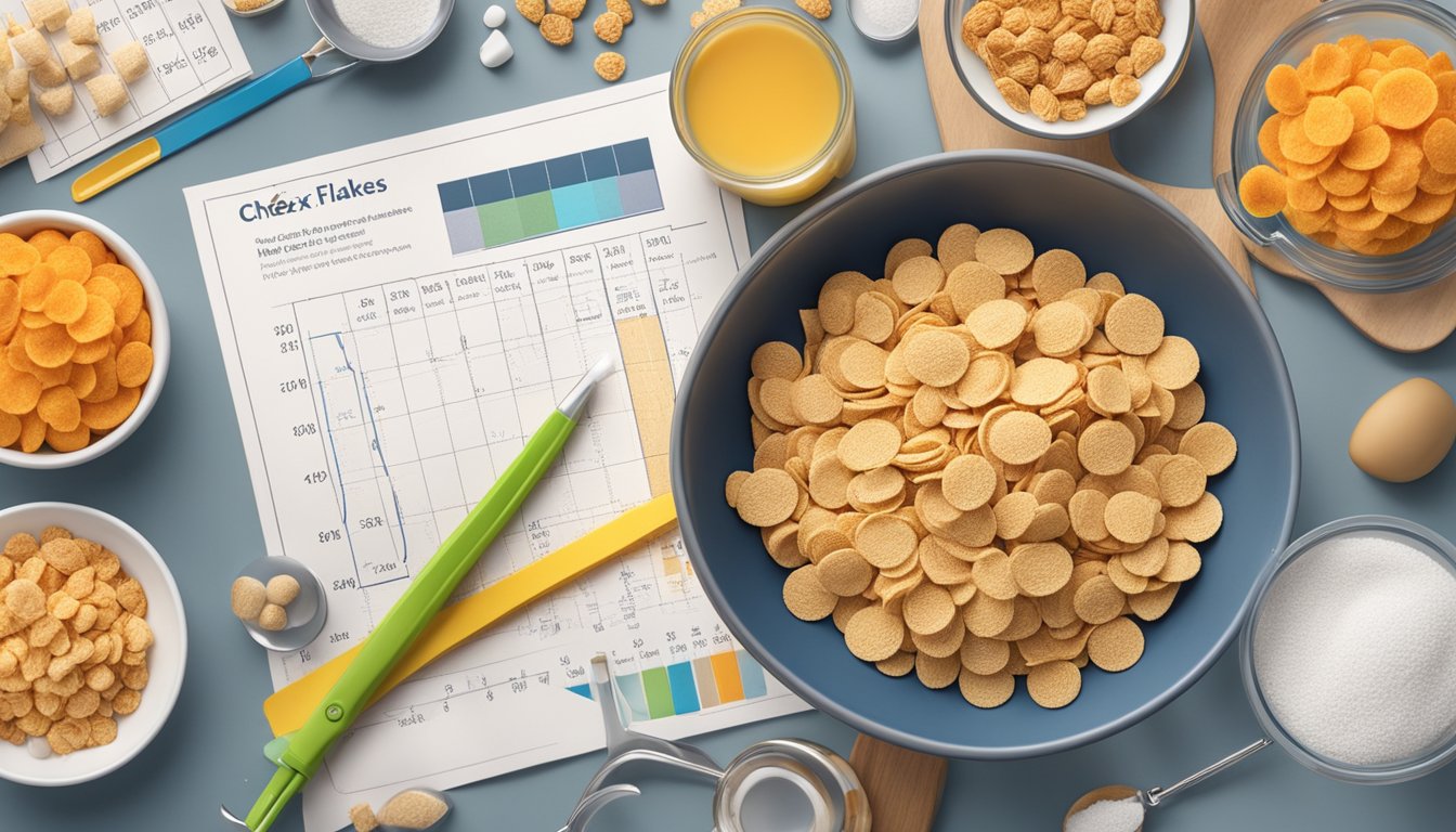 A bowl of Chex and Frosted Flakes surrounded by measuring tools and nutrient charts on a kitchen counter