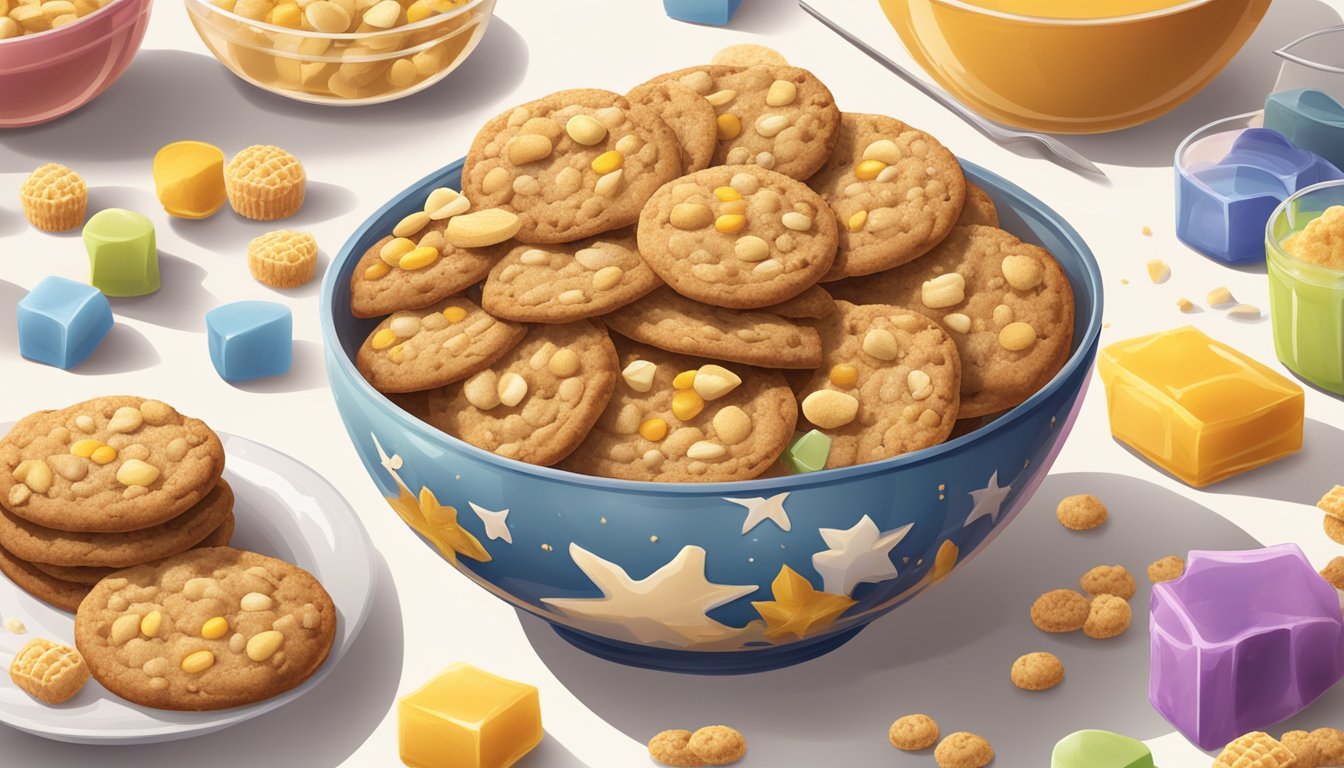 A bowl of cookie crisp and honey ohs surrounded by ingredients like sugar, corn syrup, and artificial flavors