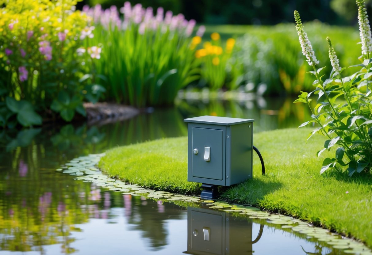 A serene pond setting with a switch box installed near the water's edge, surrounded by lush greenery and blooming flowers